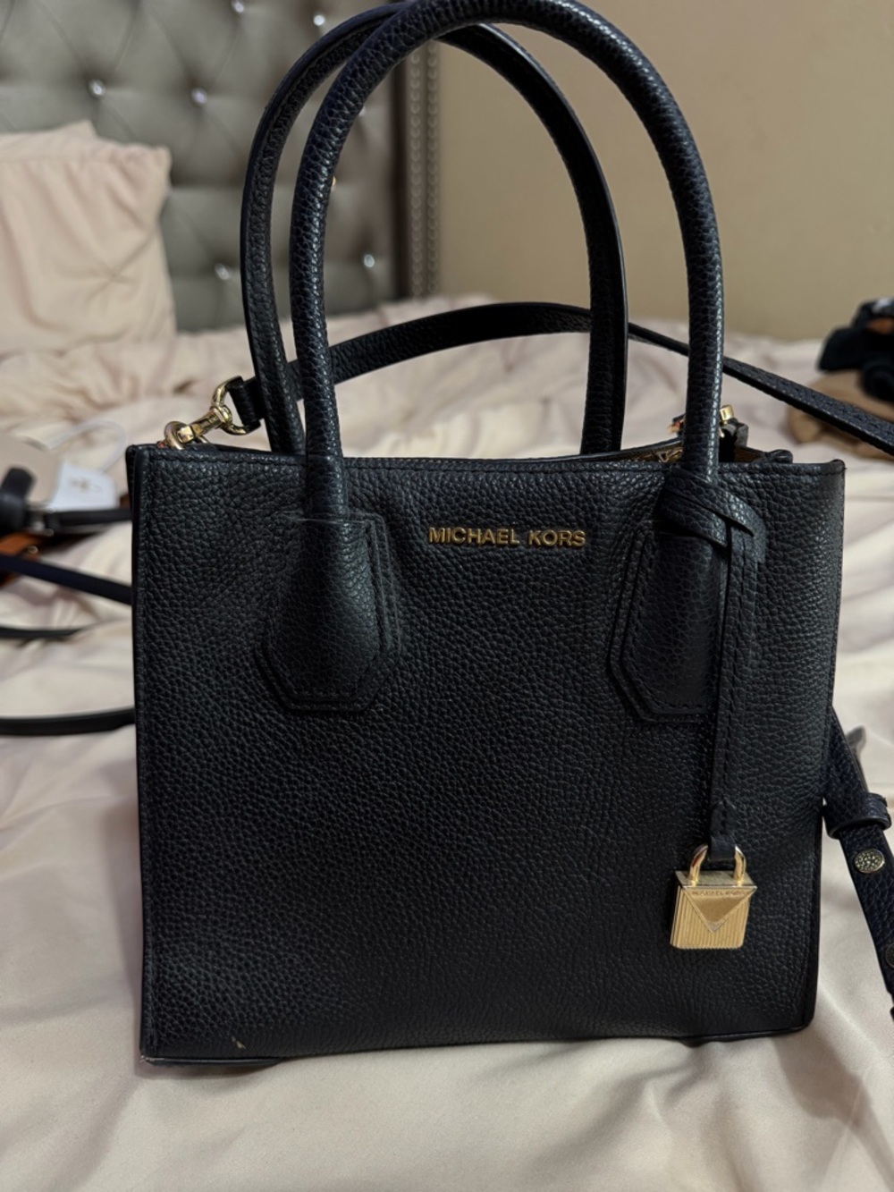 Michael Kors Black Pebbled Leather Satchel with Gold Padlock - Picture 3 of 4